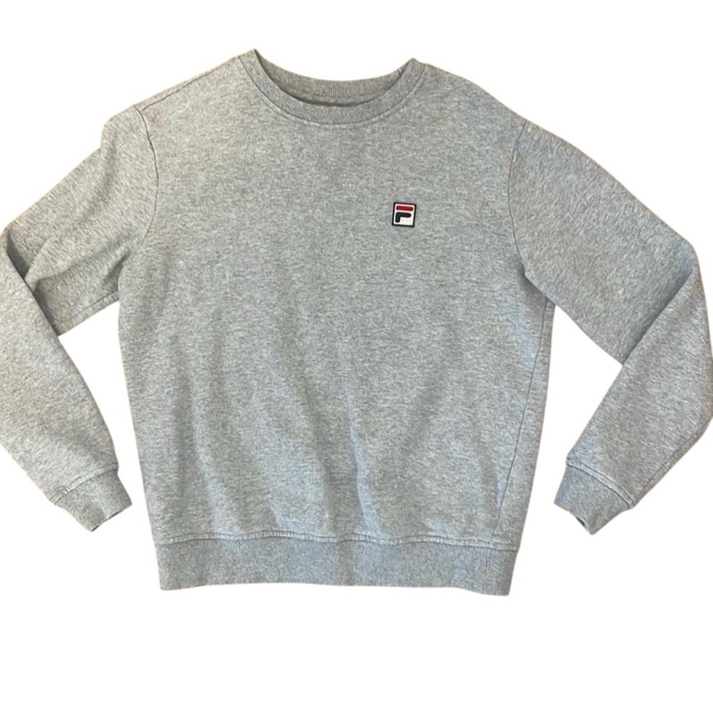 Fila Gray Crewneck Pullover Sweatshirt Women Size Small Logo Plaque Heavyweight